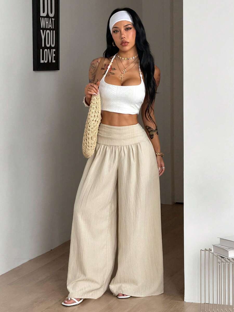 Women's textured wide leg pants with elastic waist and loose relaxed fit