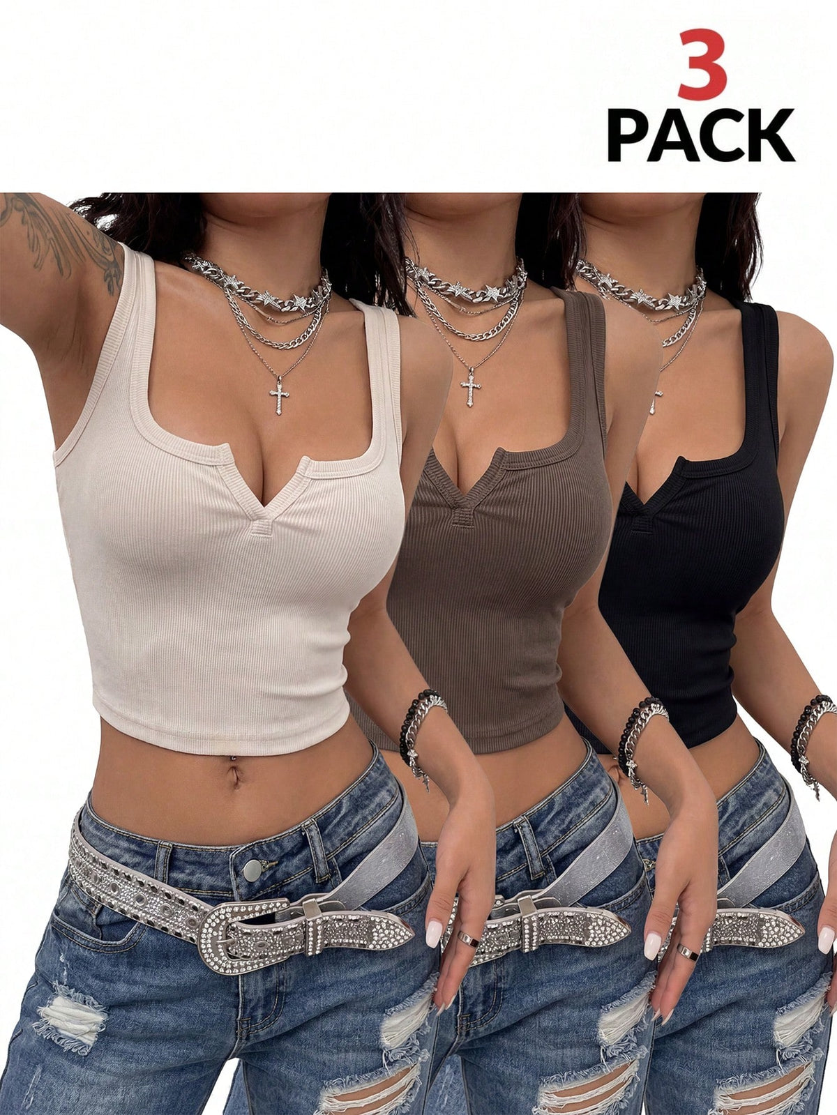 Women's striped rib-knit crop tank top with a notched neckline and slim fit.