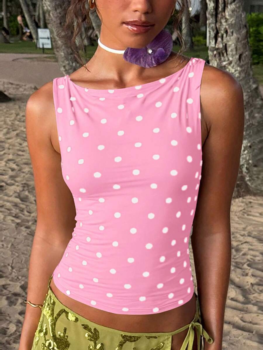Women's polka dot sleeveless tank top with round neck, ruched rib-knit detail, regular hem, and slim fit casual style