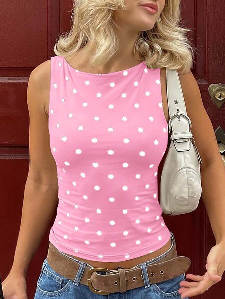 Women's polka dot sleeveless tank top with round neck, ruched rib-knit detail, regular hem, and slim fit casual style