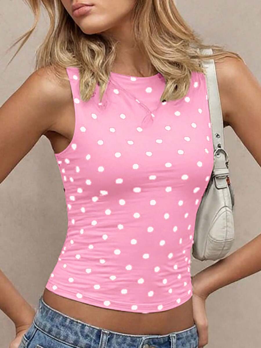 Women's polka dot sleeveless tank top with round neck, ruched rib-knit detail, regular hem, and slim fit casual style