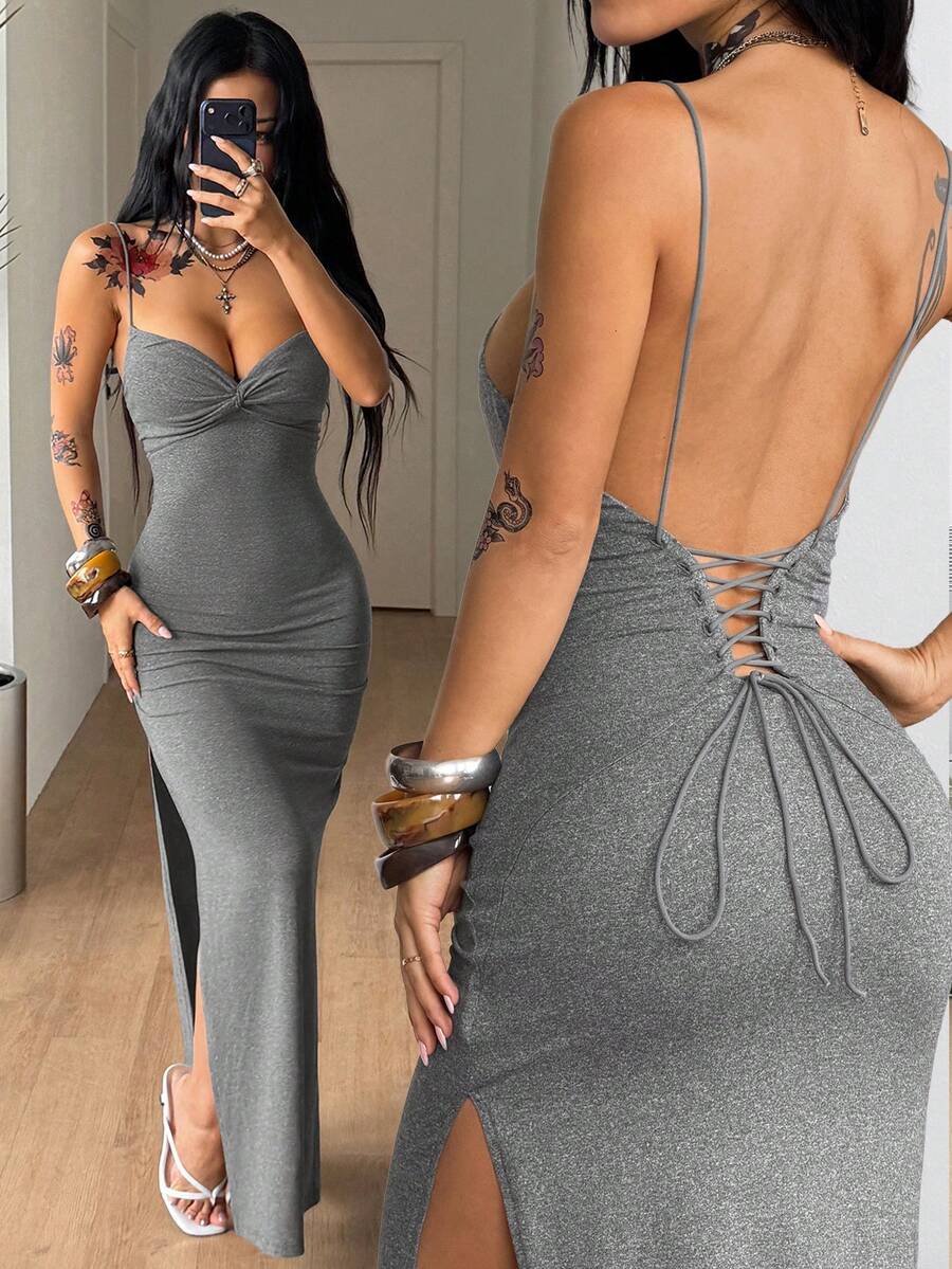 Women's backless cami midi dress in dark grey knit fabric featuring spaghetti straps, lace-up back design, and a split thigh slit.