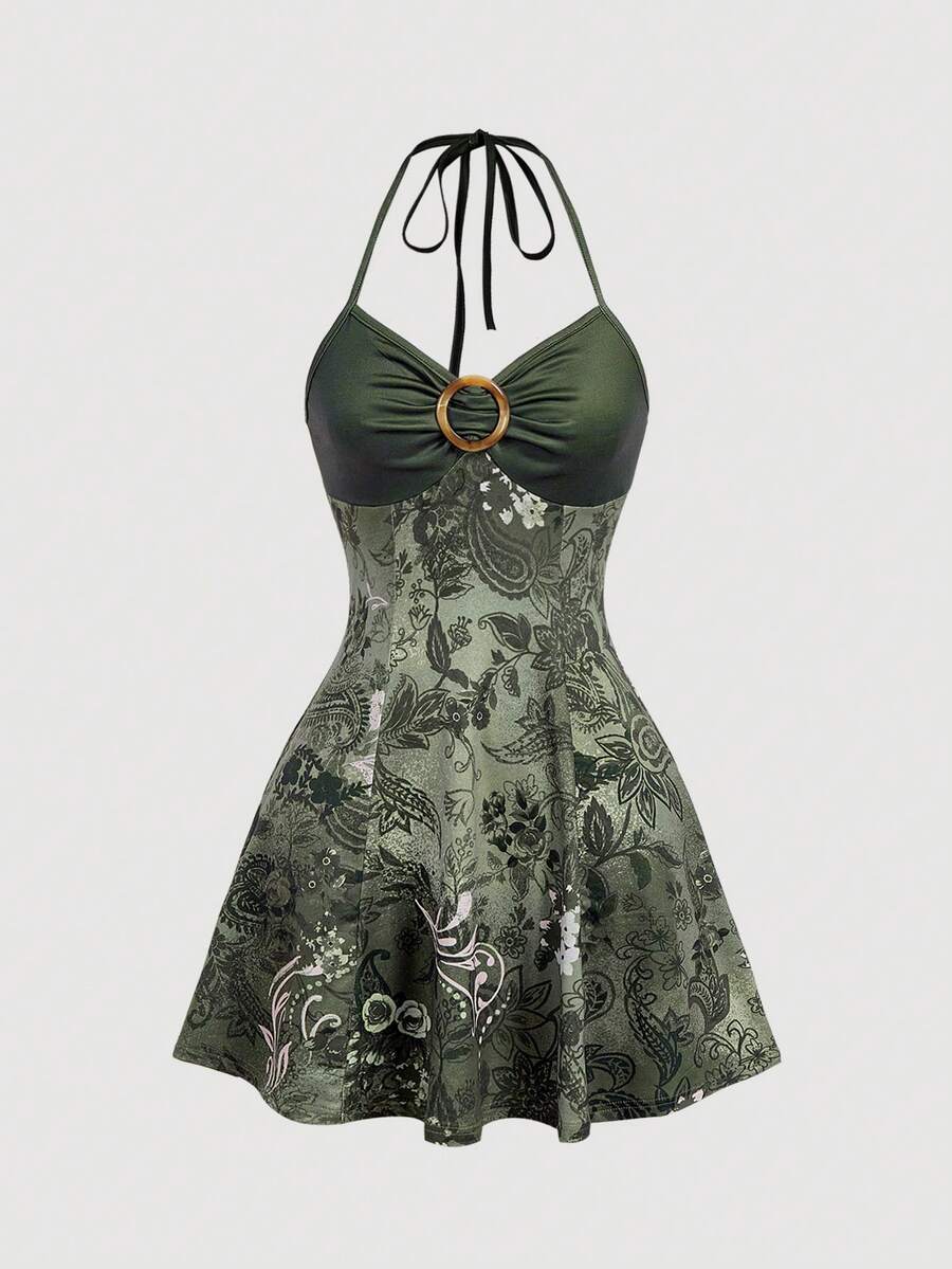 Women's apricot halter mini dress with backless knot and ring detail, sleeveless cami style, flared hem, and boho vacation look