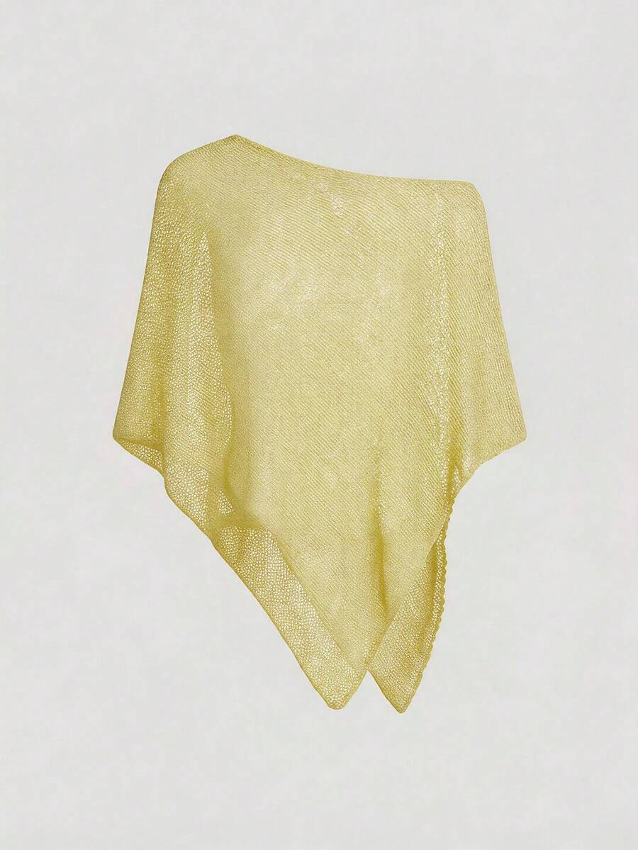 Women's casual hollow knit poncho top with boat neck, cloak sleeves, and asymmetrical hem