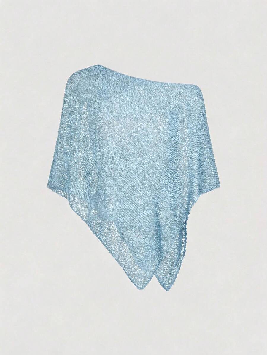 Women's casual hollow knit poncho top with boat neck, cloak sleeves, and asymmetrical hem
