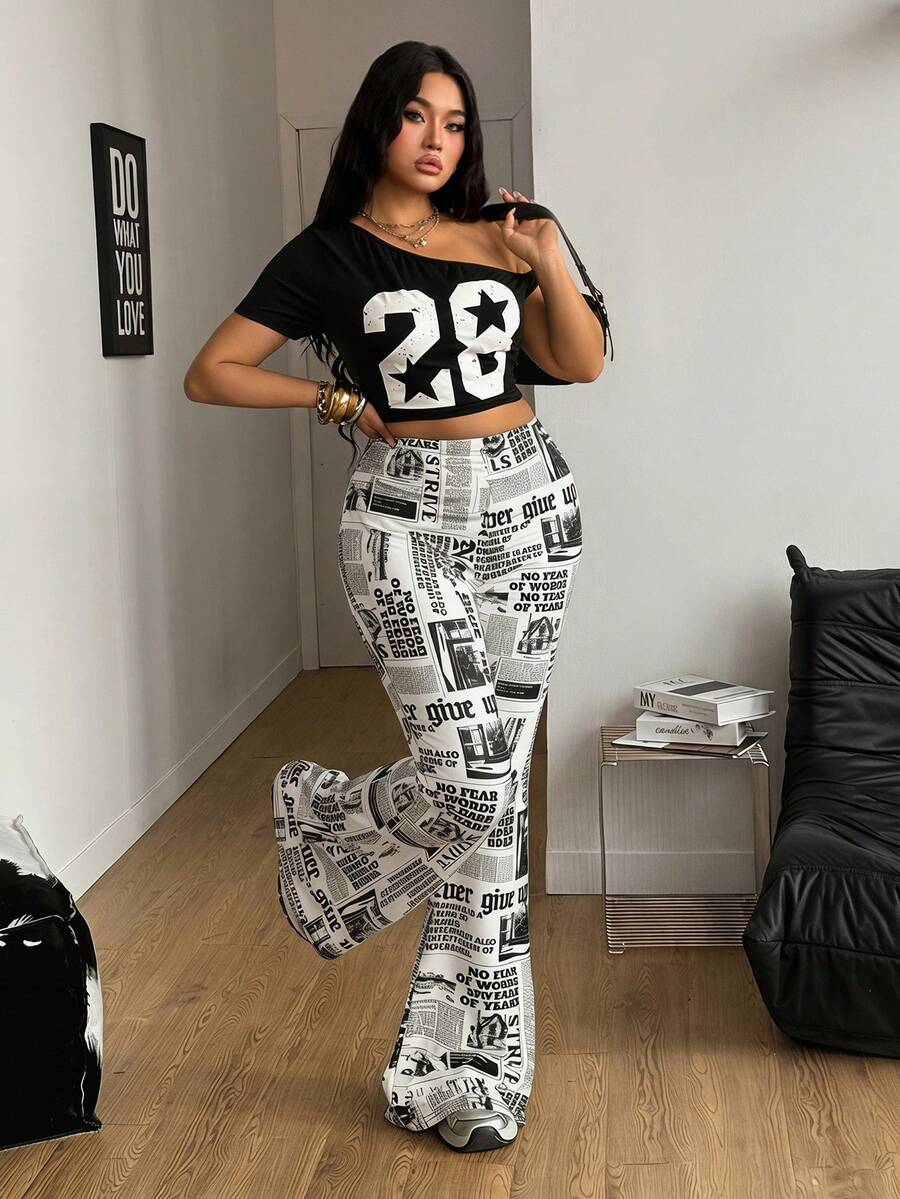 Women's plus size black flare leg pants with high elastic waist in stretchy knit fabric