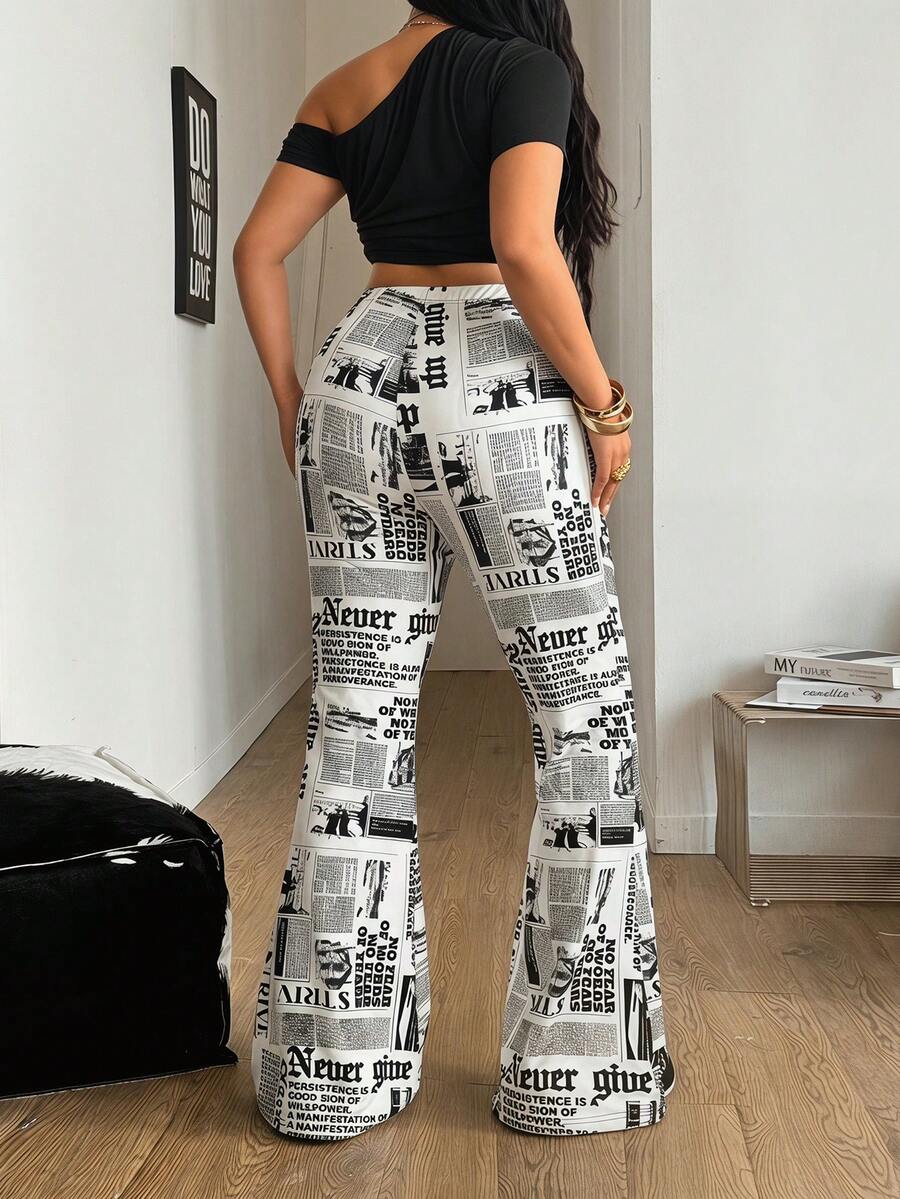 Women's plus size black flare leg pants with high elastic waist in stretchy knit fabric