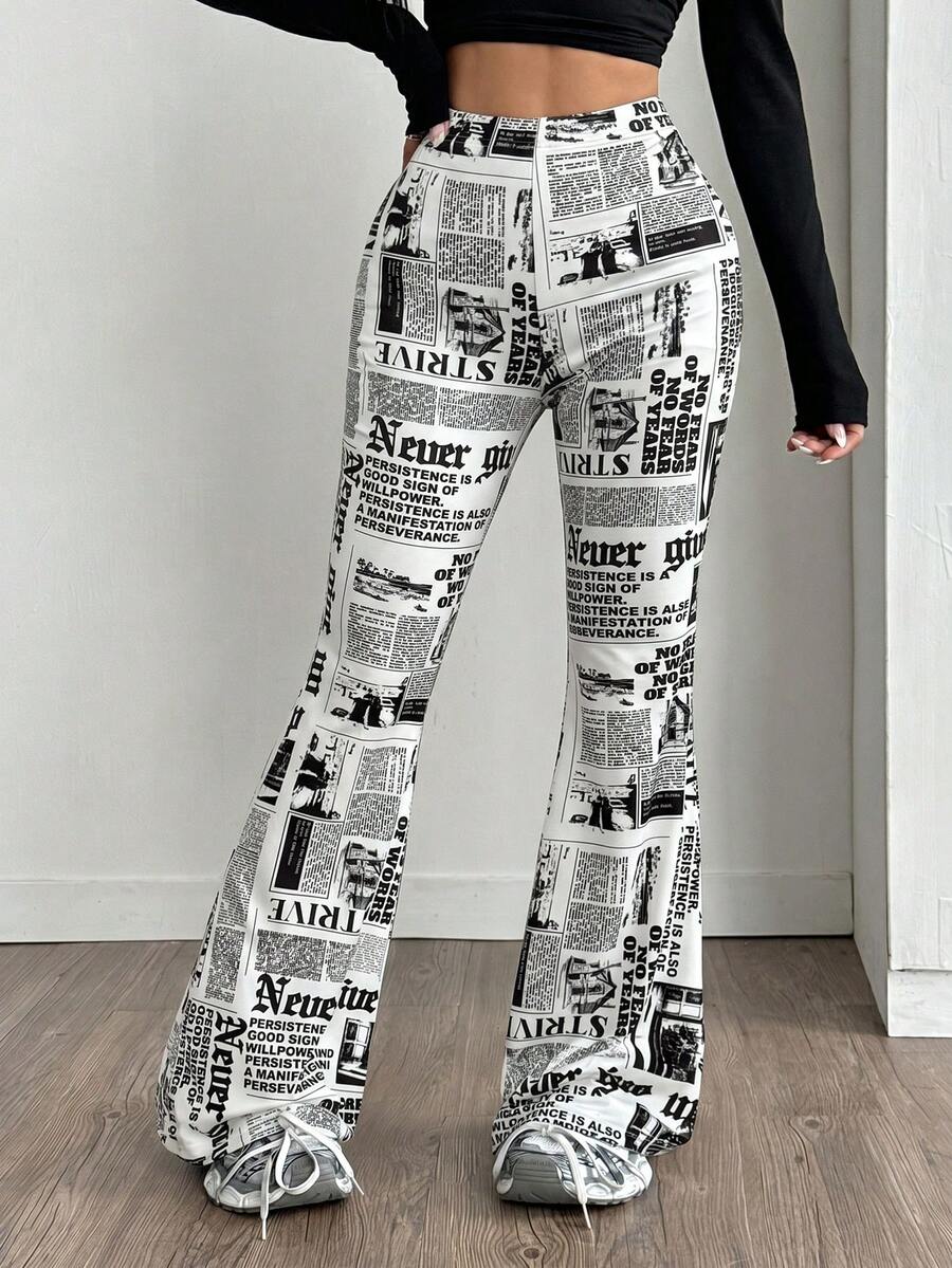 Women's plus size black flare leg pants with high elastic waist in stretchy knit fabric