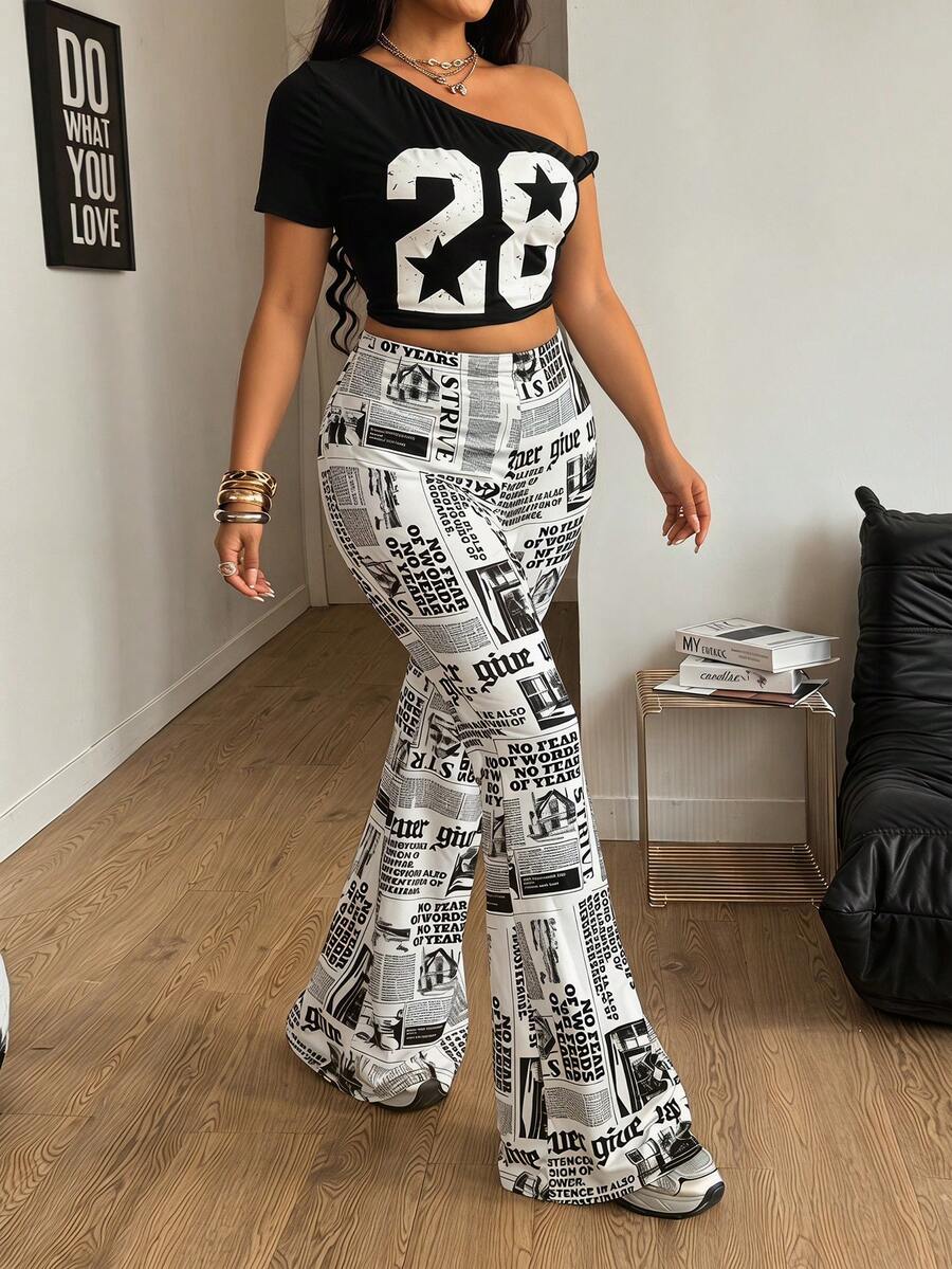 Women's plus size black flare leg pants with high elastic waist in stretchy knit fabric
