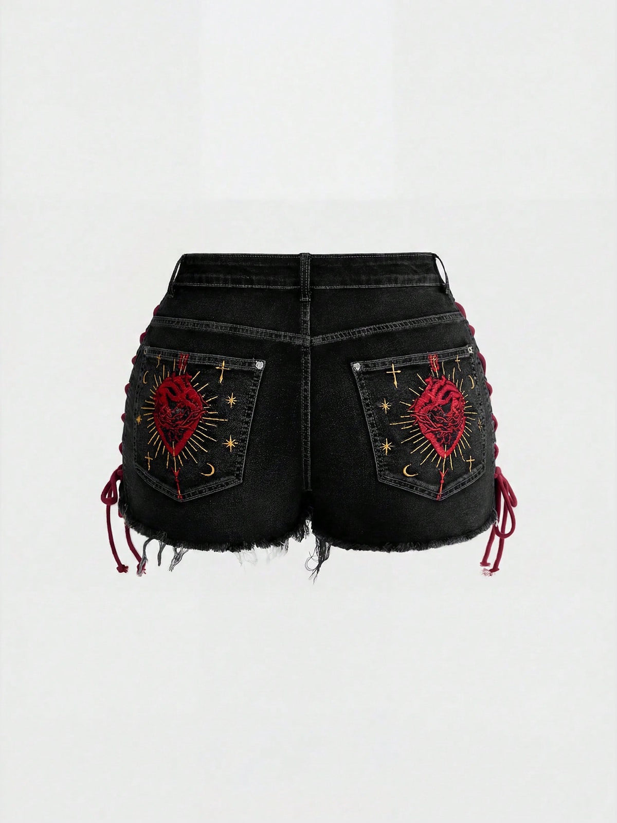 Plus size black gothic mini shorts with heart embroidery, graphic pocket pattern, lace-up detail, raw hem, and zipper fly