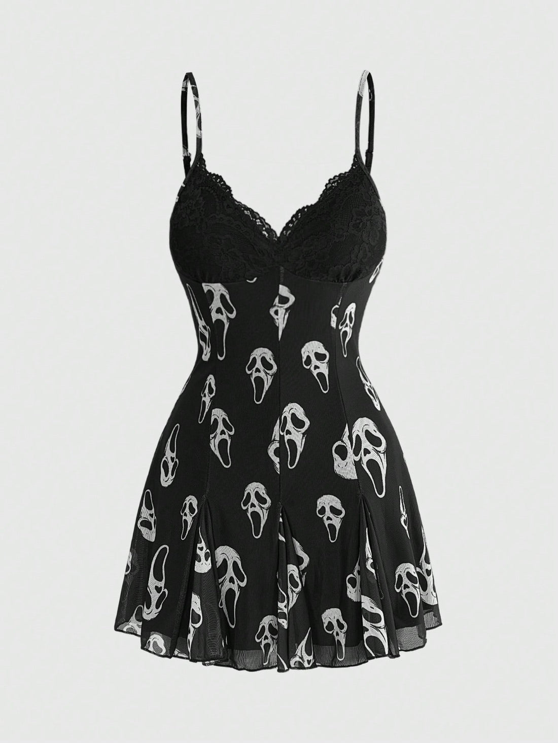 Women's Halloween boho gothic cami mini dress with spaghetti straps, contrast lace, pleated details, split design, high waist, and flared hem.