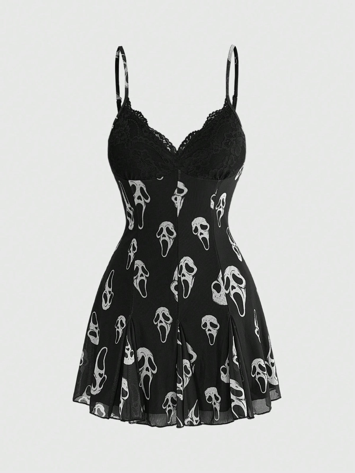 Women's Halloween boho gothic cami mini dress with spaghetti straps, contrast lace, pleated details, split design, high waist, and flared hem.