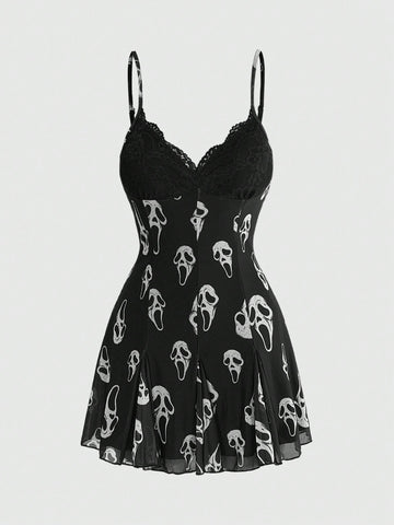 Women's Halloween boho gothic cami mini dress with spaghetti straps, contrast lace, pleated details, split design, high waist, and flared hem.