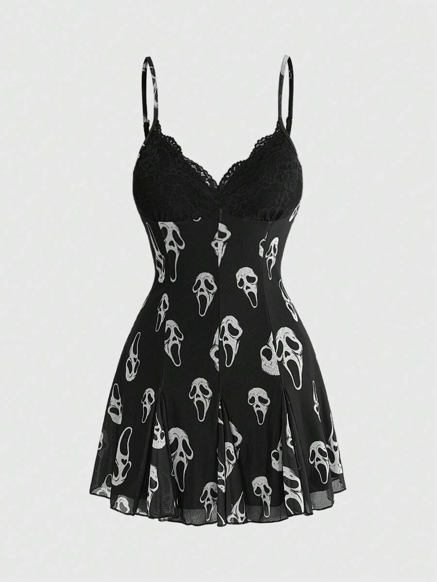 Women's Halloween boho gothic cami mini dress with spaghetti straps, contrast lace, pleated details, split design, high waist, and flared hem.