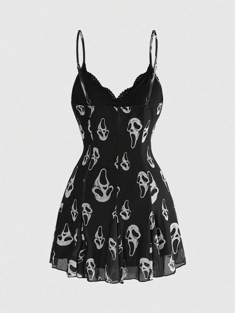 Women's Halloween boho gothic cami mini dress with spaghetti straps, contrast lace, pleated details, split design, high waist, and flared hem.