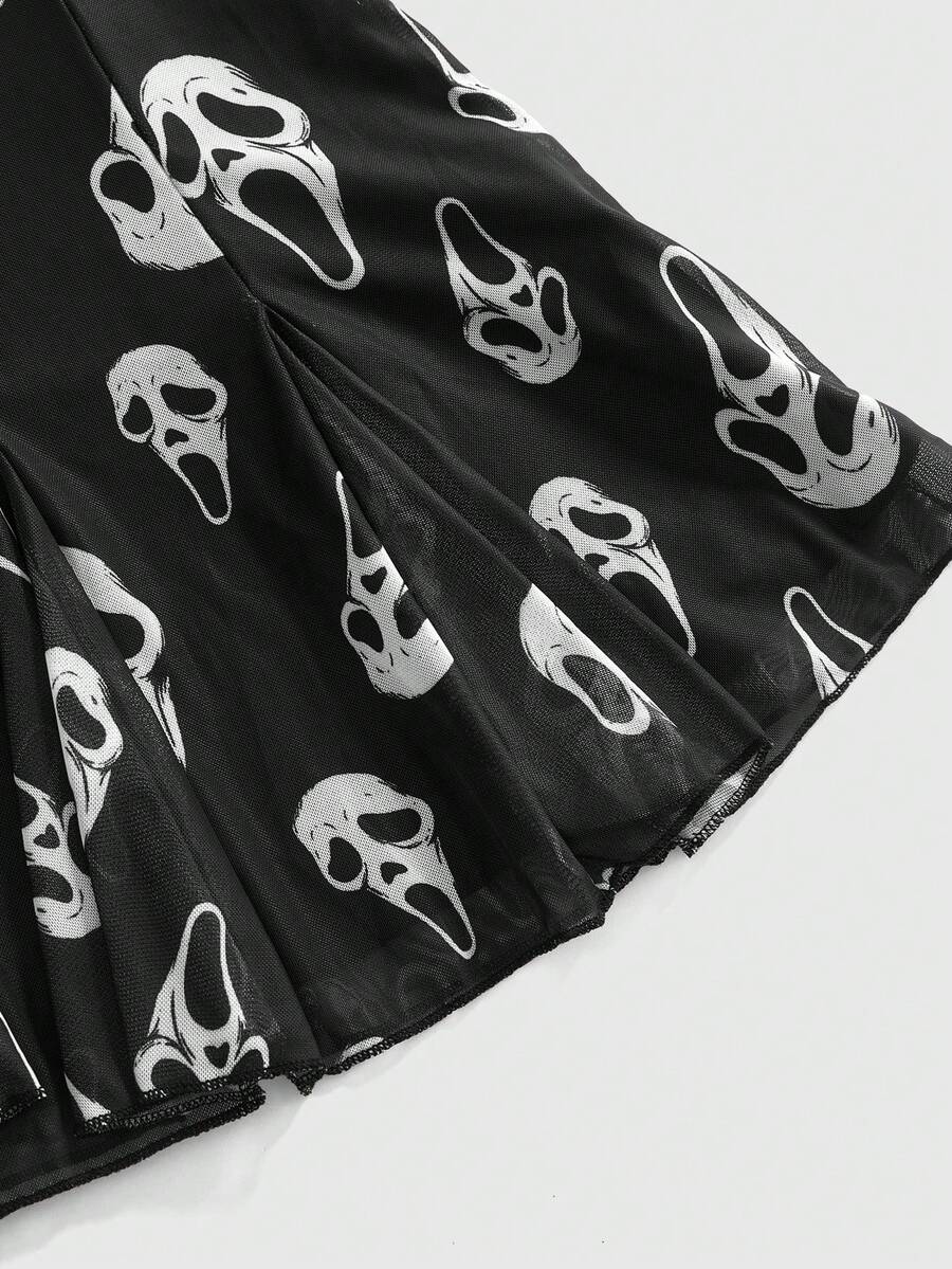 Women's Halloween boho gothic cami mini dress with spaghetti straps, contrast lace, pleated details, split design, high waist, and flared hem.
