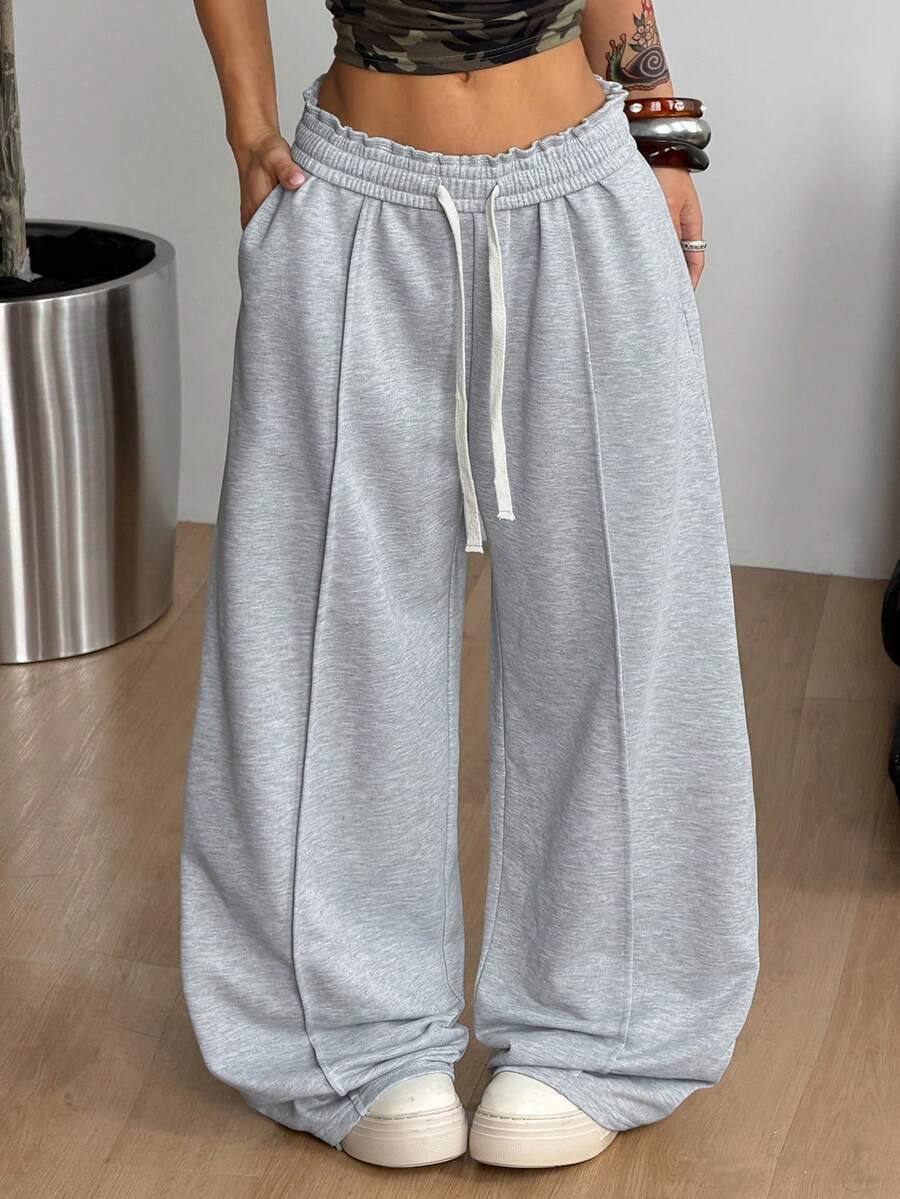 Women's striped straight leg casual trousers with elastic mid waist and side pockets