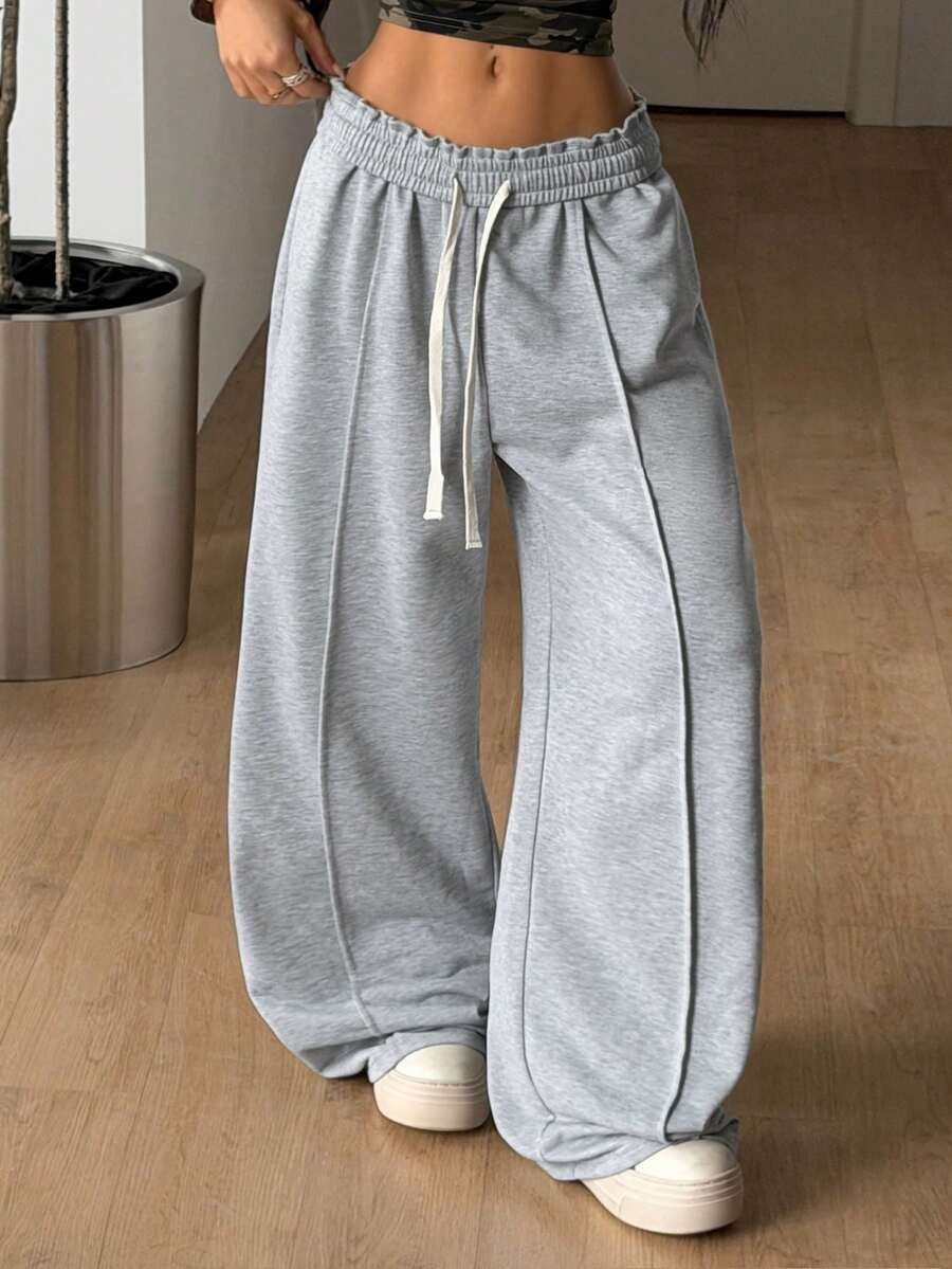 Women's striped straight leg casual trousers with elastic mid waist and side pockets