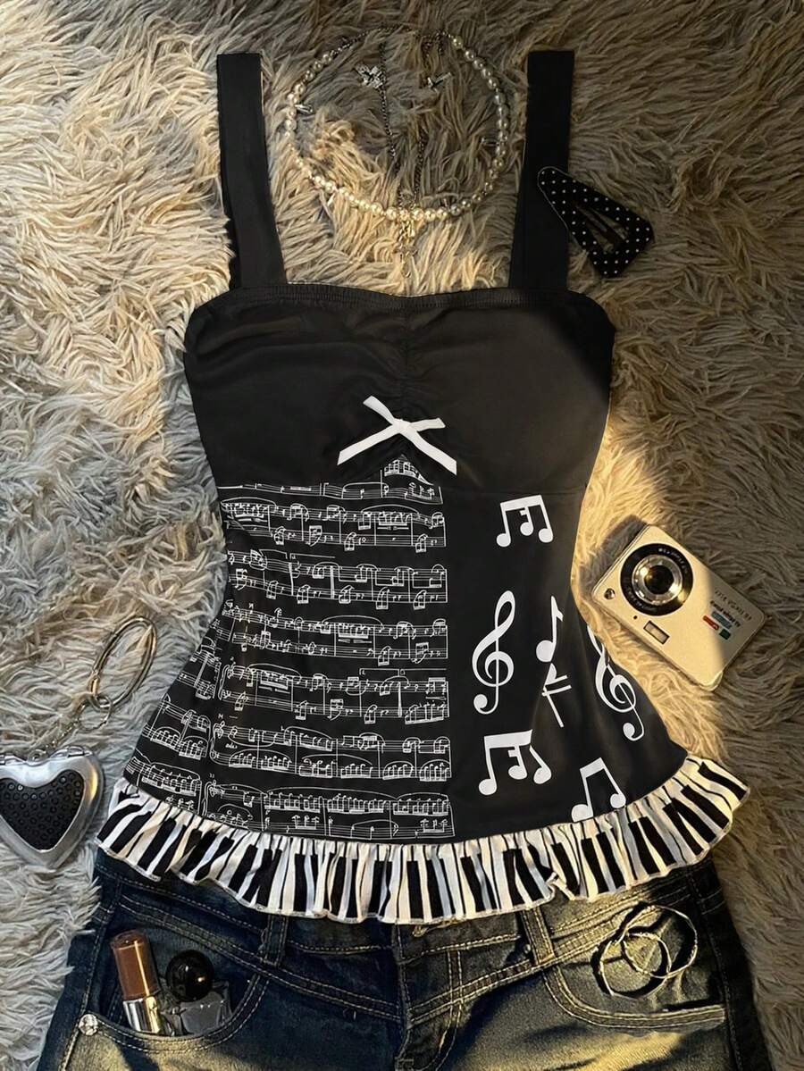 Multicolor Y2K slim fit crop top with wide straps, polka dot print, ruched shirred design, bow accents, and a flared ruffle hem.