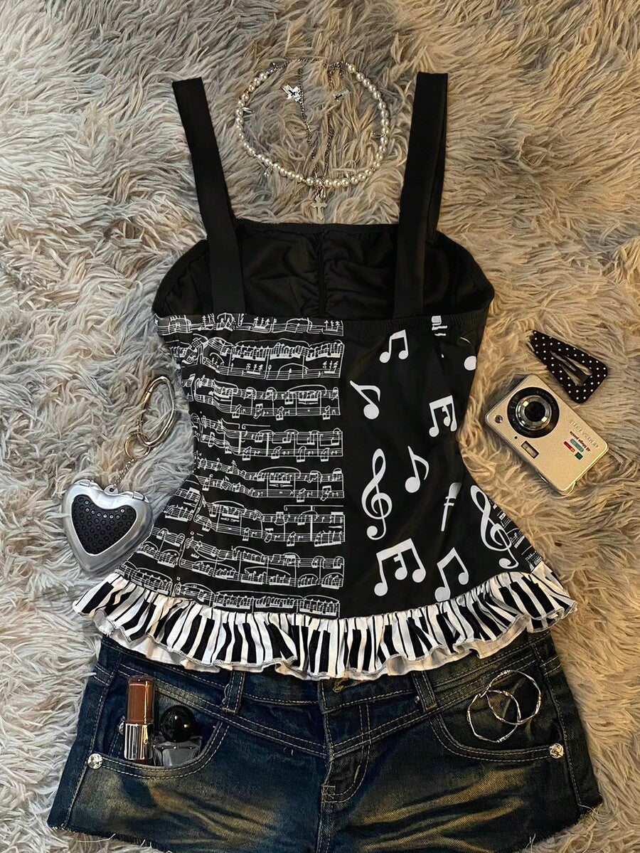 Multicolor Y2K slim fit crop top with wide straps, polka dot print, ruched shirred design, bow accents, and a flared ruffle hem.