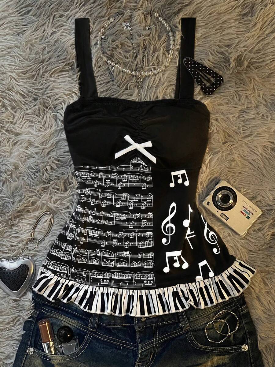 Multicolor Y2K slim fit crop top with wide straps, polka dot print, ruched shirred design, bow accents, and a flared ruffle hem.