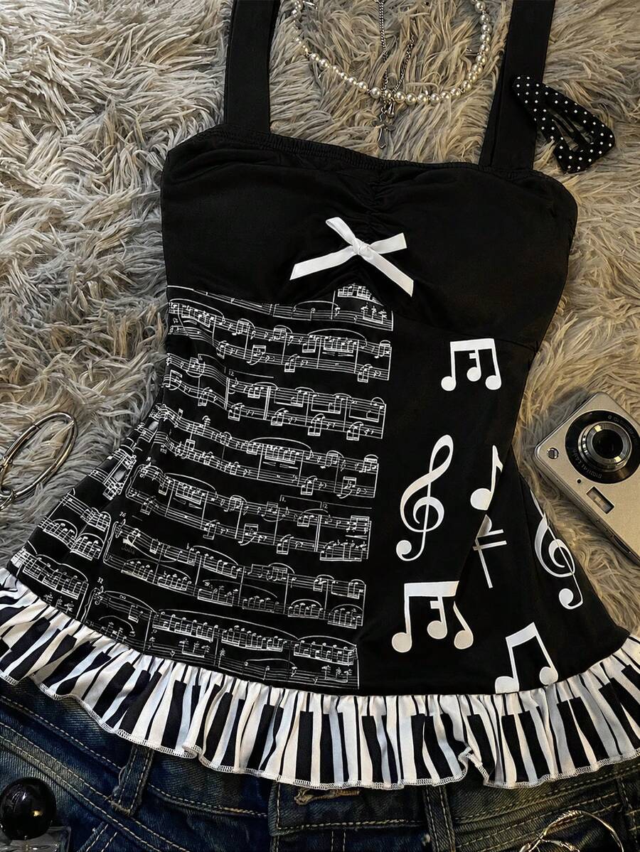 Multicolor Y2K slim fit crop top with wide straps, polka dot print, ruched shirred design, bow accents, and a flared ruffle hem.