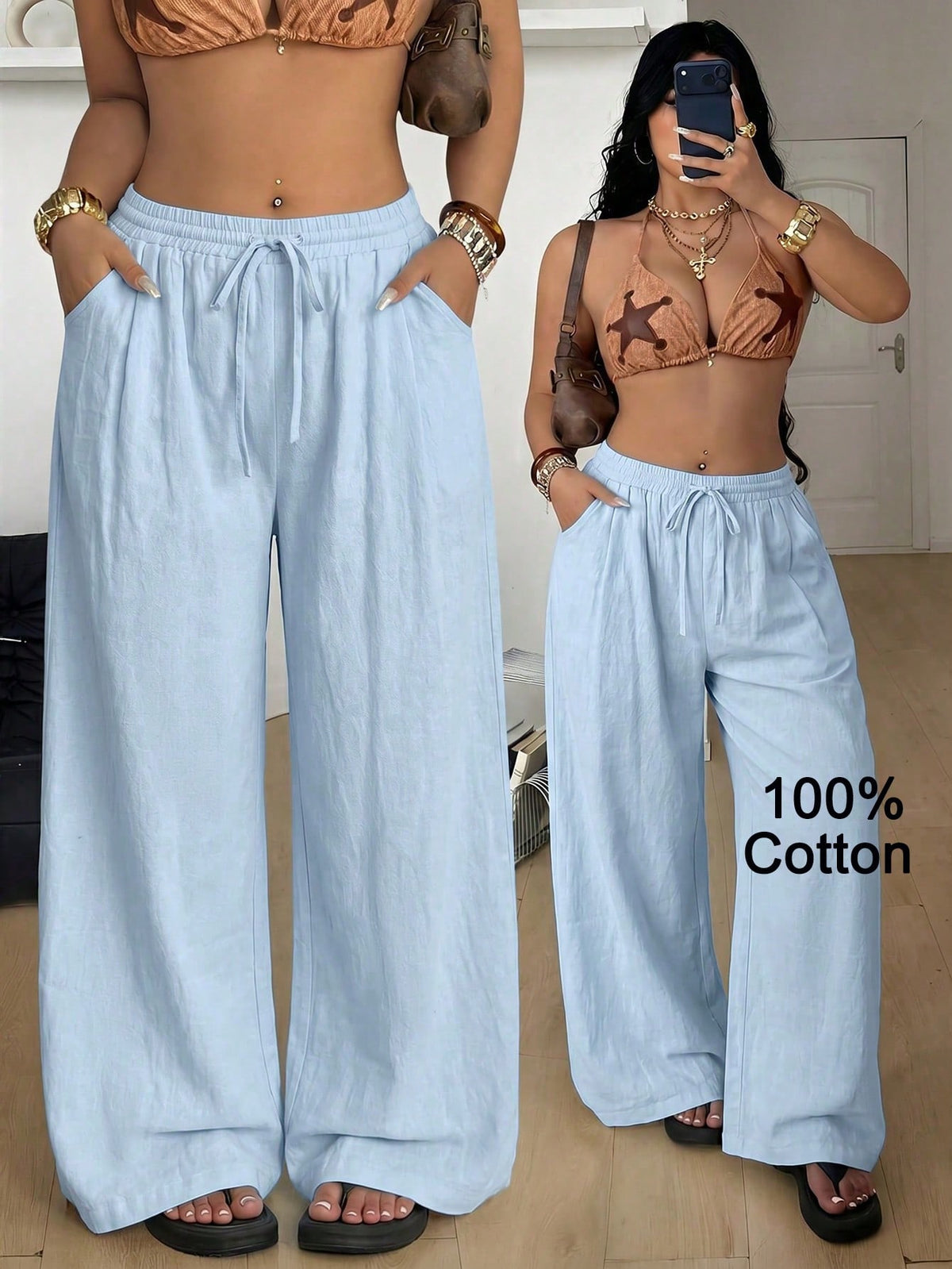 Women's loose straight leg cotton pants featuring a high waist with an adjustable drawstring knot and functional side pockets.