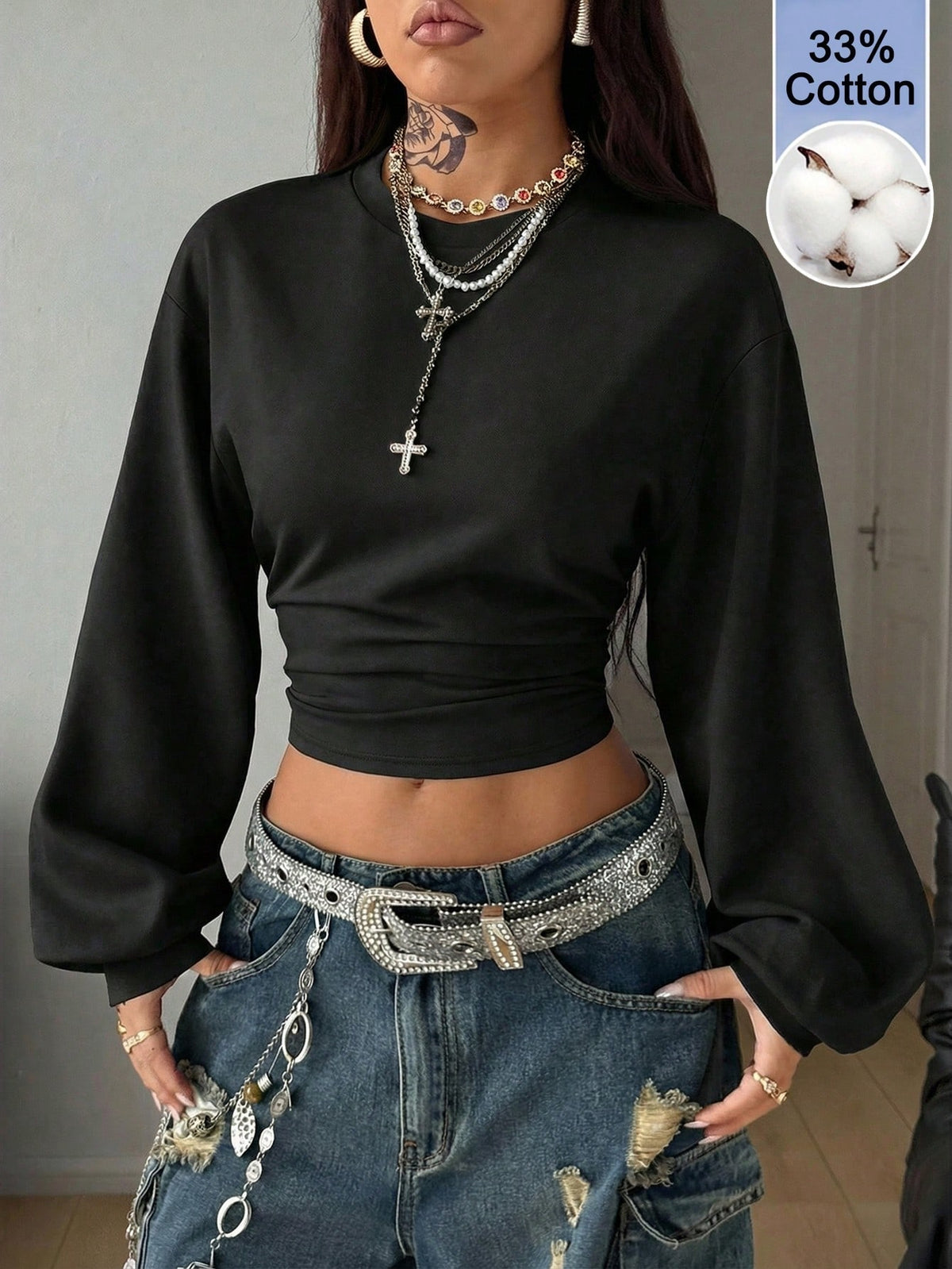 Women's brown waist-cinching sweatshirt featuring a round neck, drop shoulder long sleeves, and rib-knit cuffs.