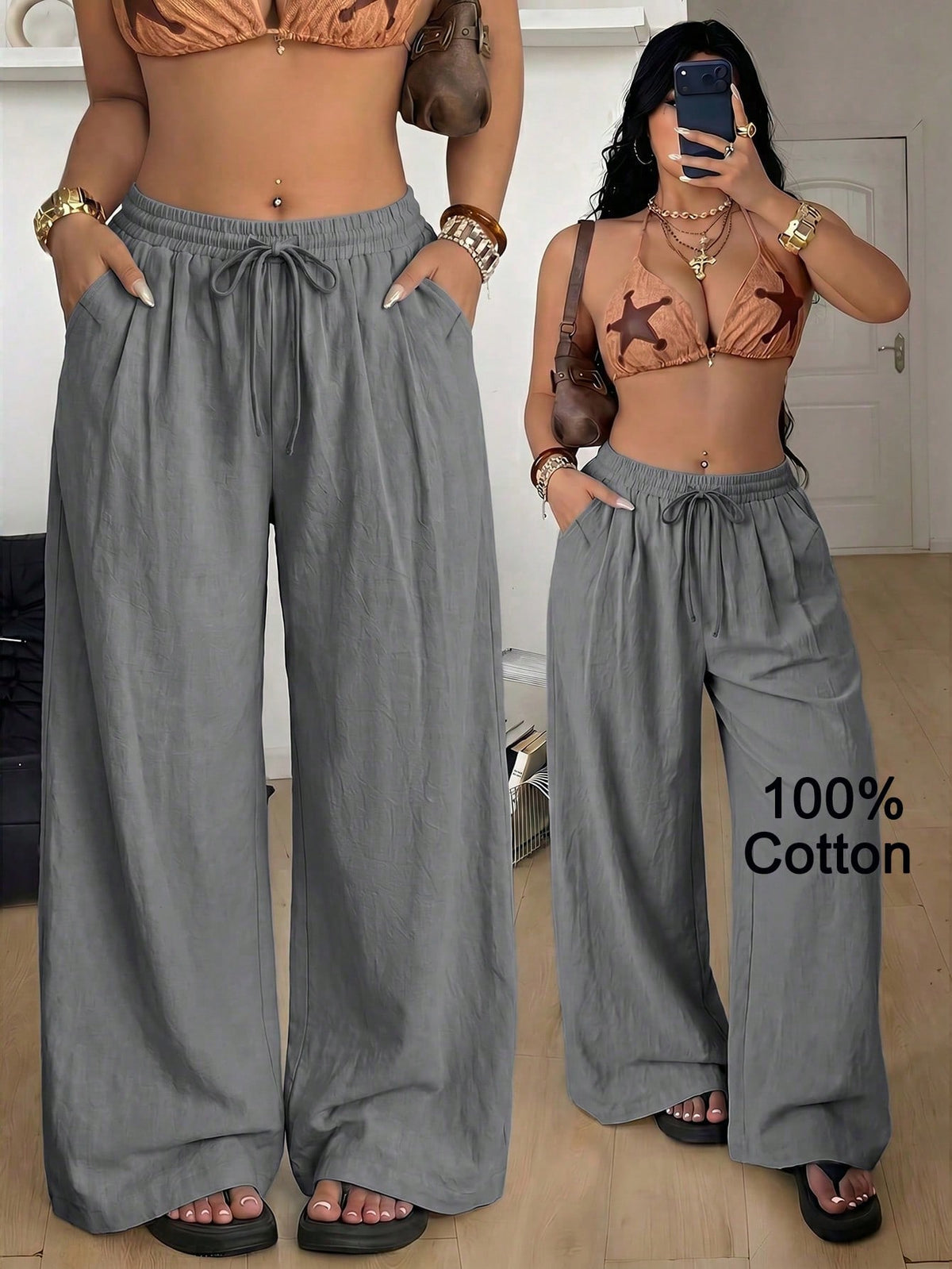Women's loose straight leg cotton pants featuring a high waist with an adjustable drawstring knot and functional side pockets.