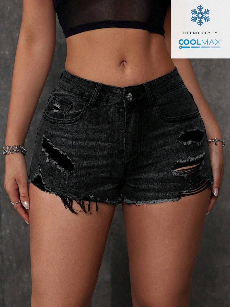 Women's solid color shorts with zipper fly, button closure, pockets, ripped details, and raw hem in a casual straight-leg short length