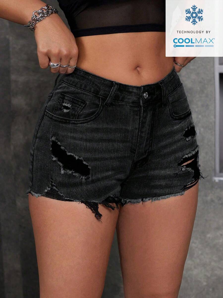 Women's solid color shorts with zipper fly, button closure, pockets, ripped details, and raw hem in a casual straight-leg short length