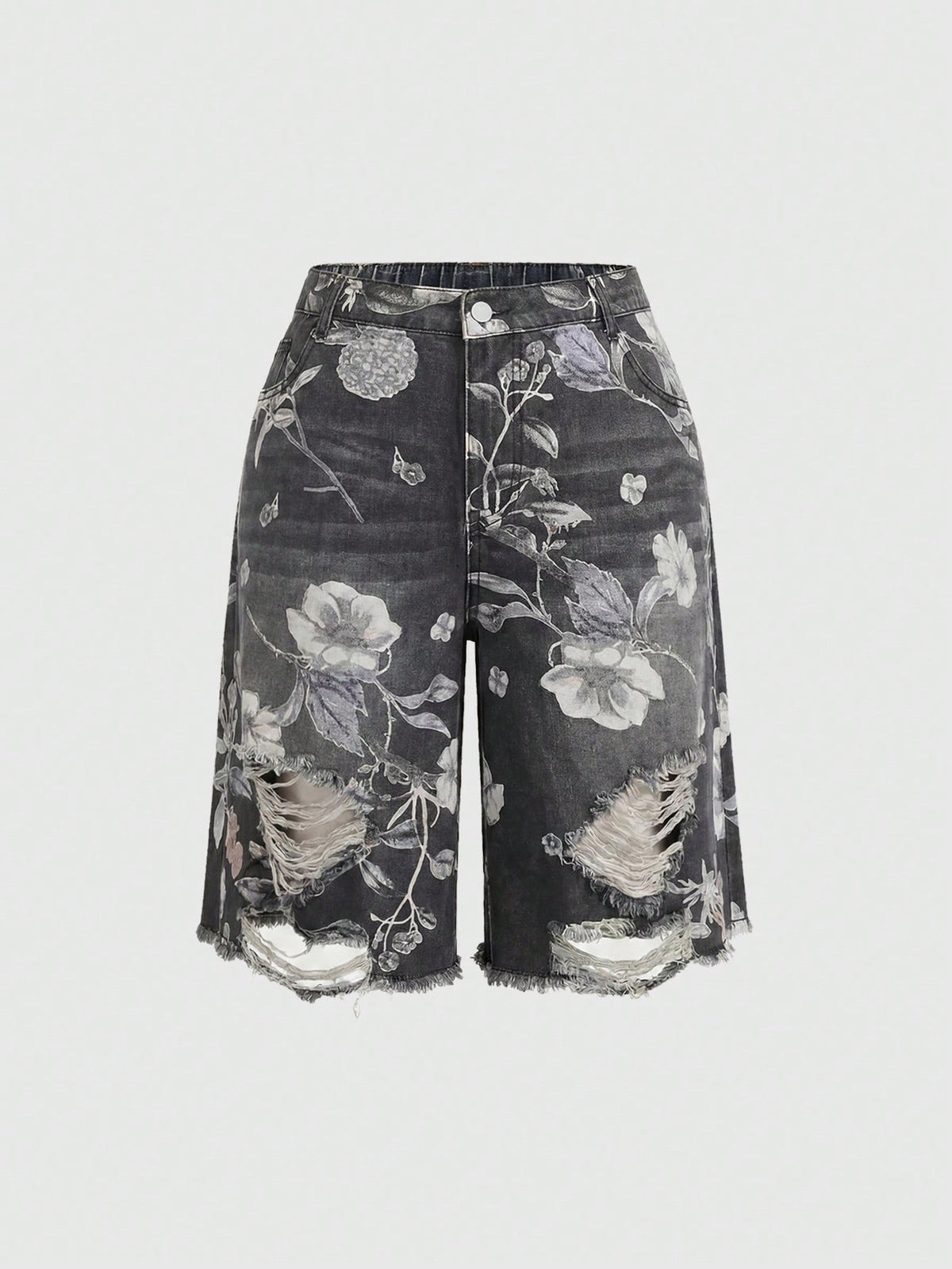 Women's loose wide-leg denim Bermuda shorts featuring vintage animal and paisley print with pockets and zipper fly.