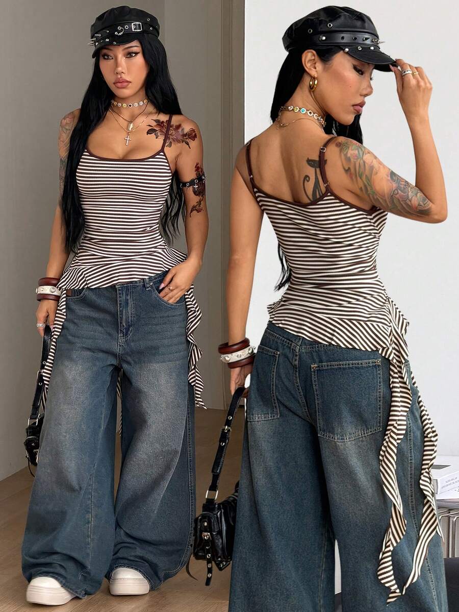 Women's slim fit casual cami top featuring spaghetti straps, ruched detailing, and a ruffle hem.