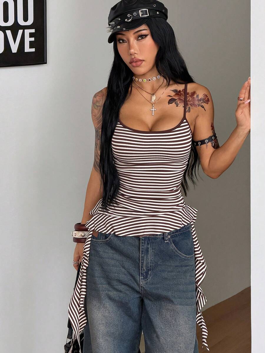 Women's slim fit casual cami top featuring spaghetti straps, ruched detailing, and a ruffle hem.