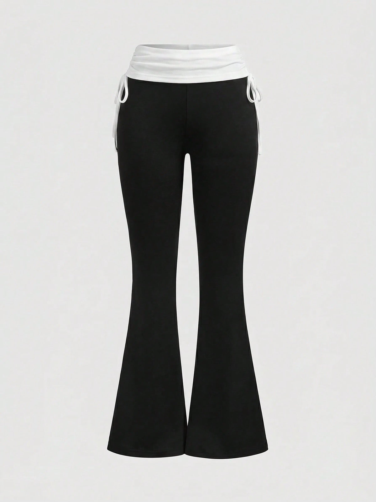 Women's low waist flare leg pants featuring an elastic drawstring waistband and ruched detail in knitted fabric.
