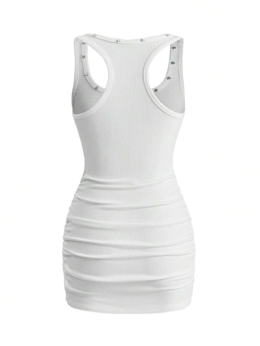 Women's sleeveless star print tank mini dress featuring a scoop neckline and slim fit in black knitted fabric.