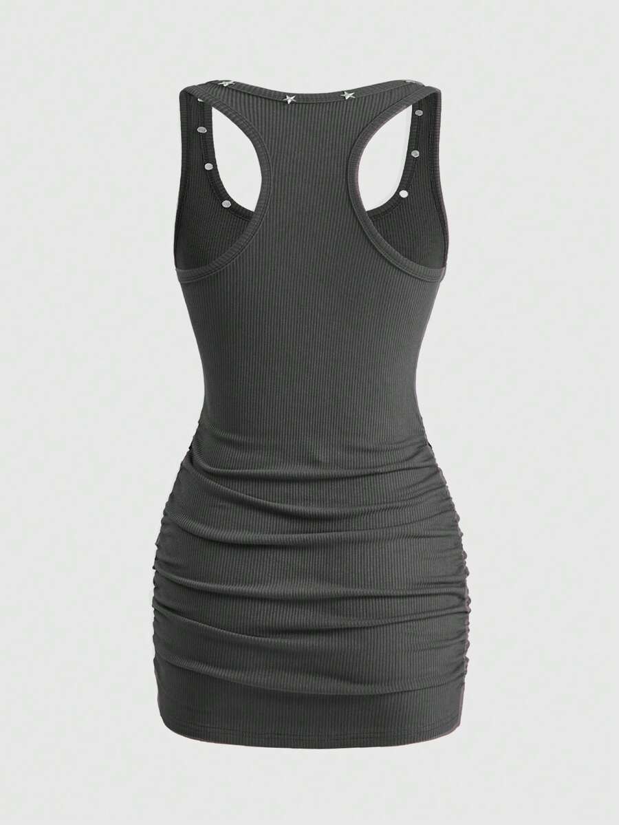 Women's sleeveless star print tank mini dress featuring a scoop neckline and slim fit in black knitted fabric.