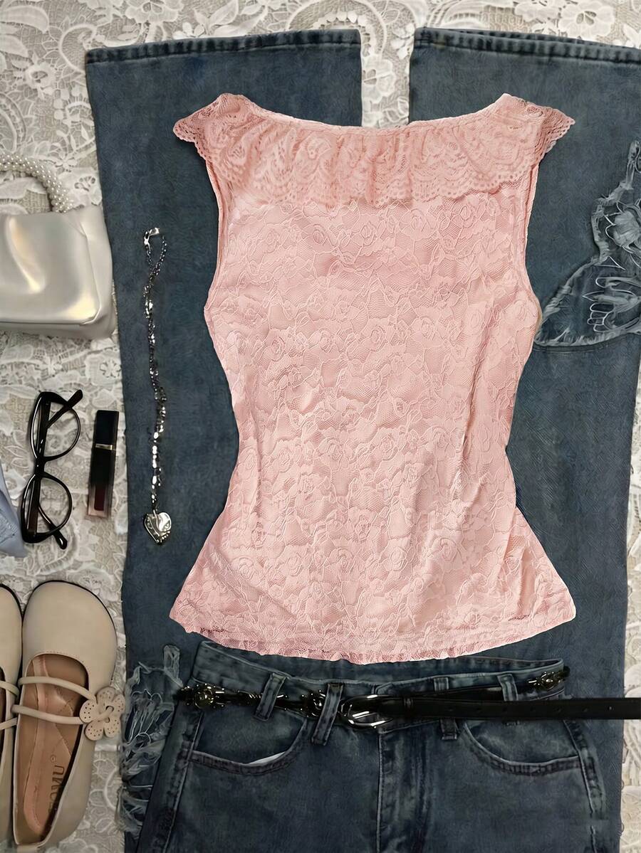 Franclia women's slim fit V-neck sleeveless tank top featuring lace patchwork detailing and a bow accent.