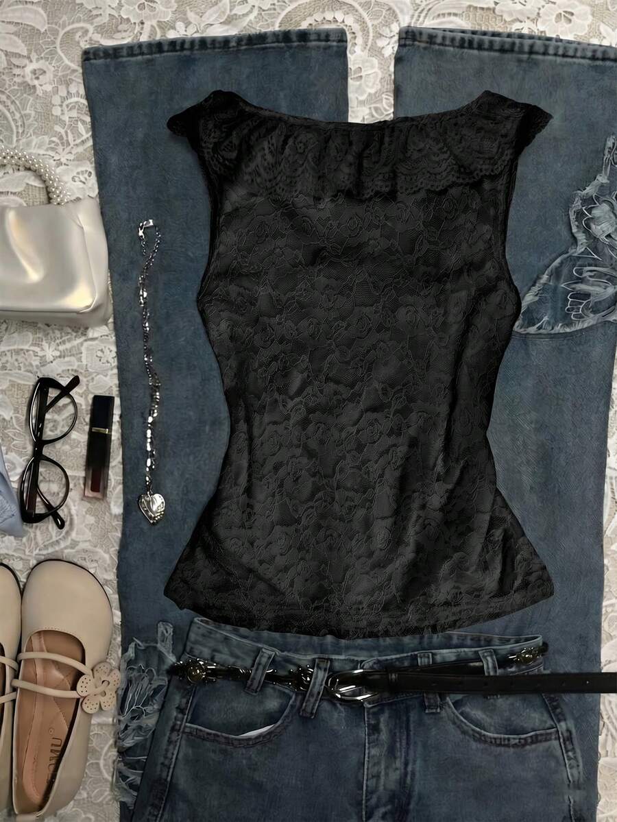 Franclia women's slim fit V-neck sleeveless tank top featuring lace patchwork detailing and a bow accent.