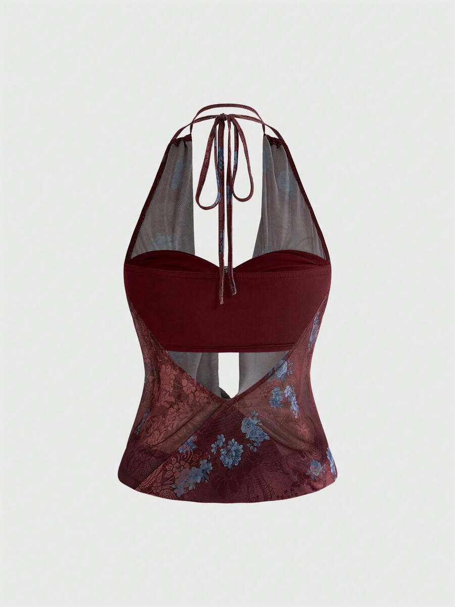 Women's Y2K retro crop tank top with draped halter neckline, cut-out detail, slim fit, and backless design