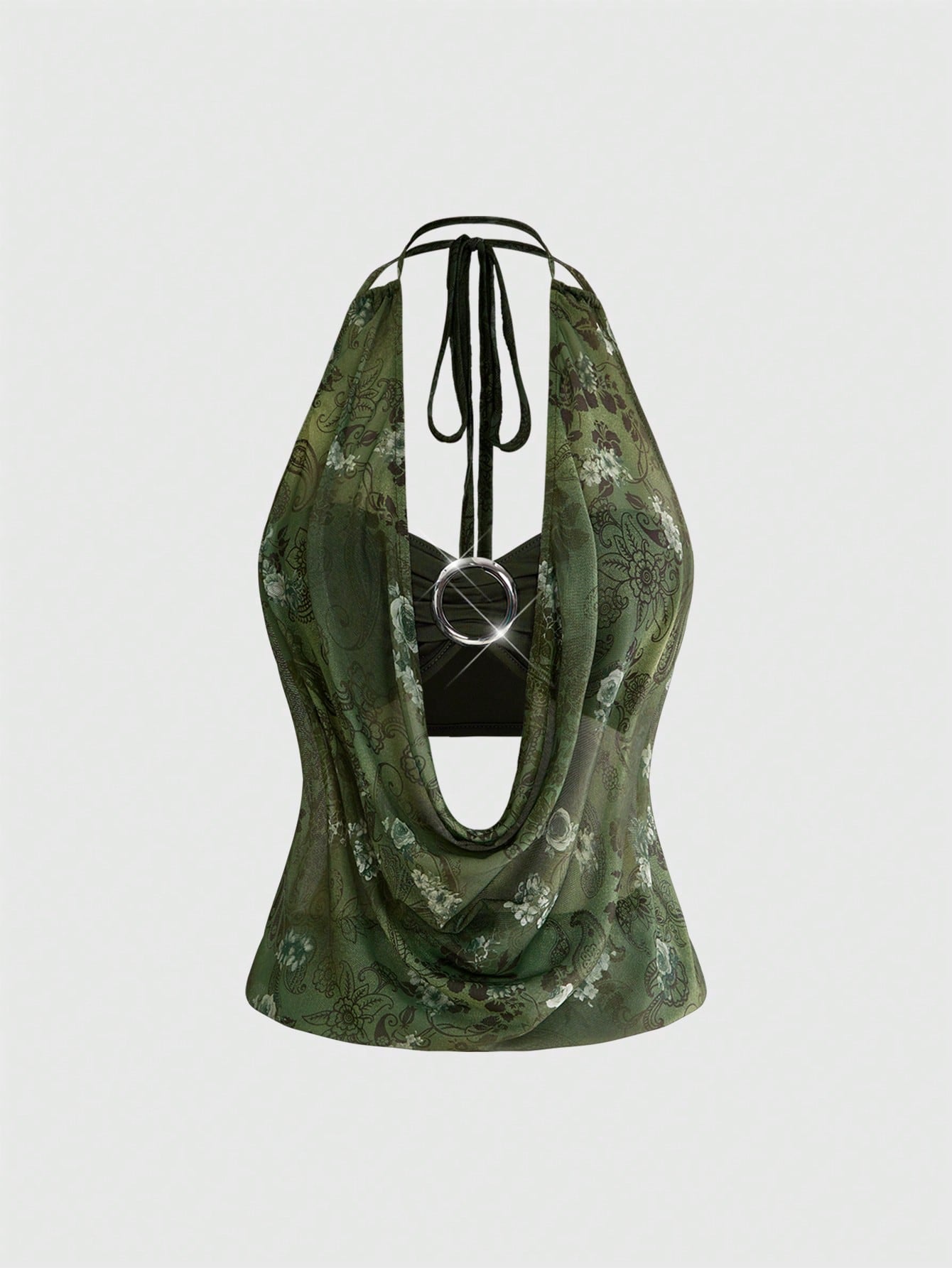 Women's Y2K retro crop tank top with draped halter neckline, cut-out detail, slim fit, and backless design