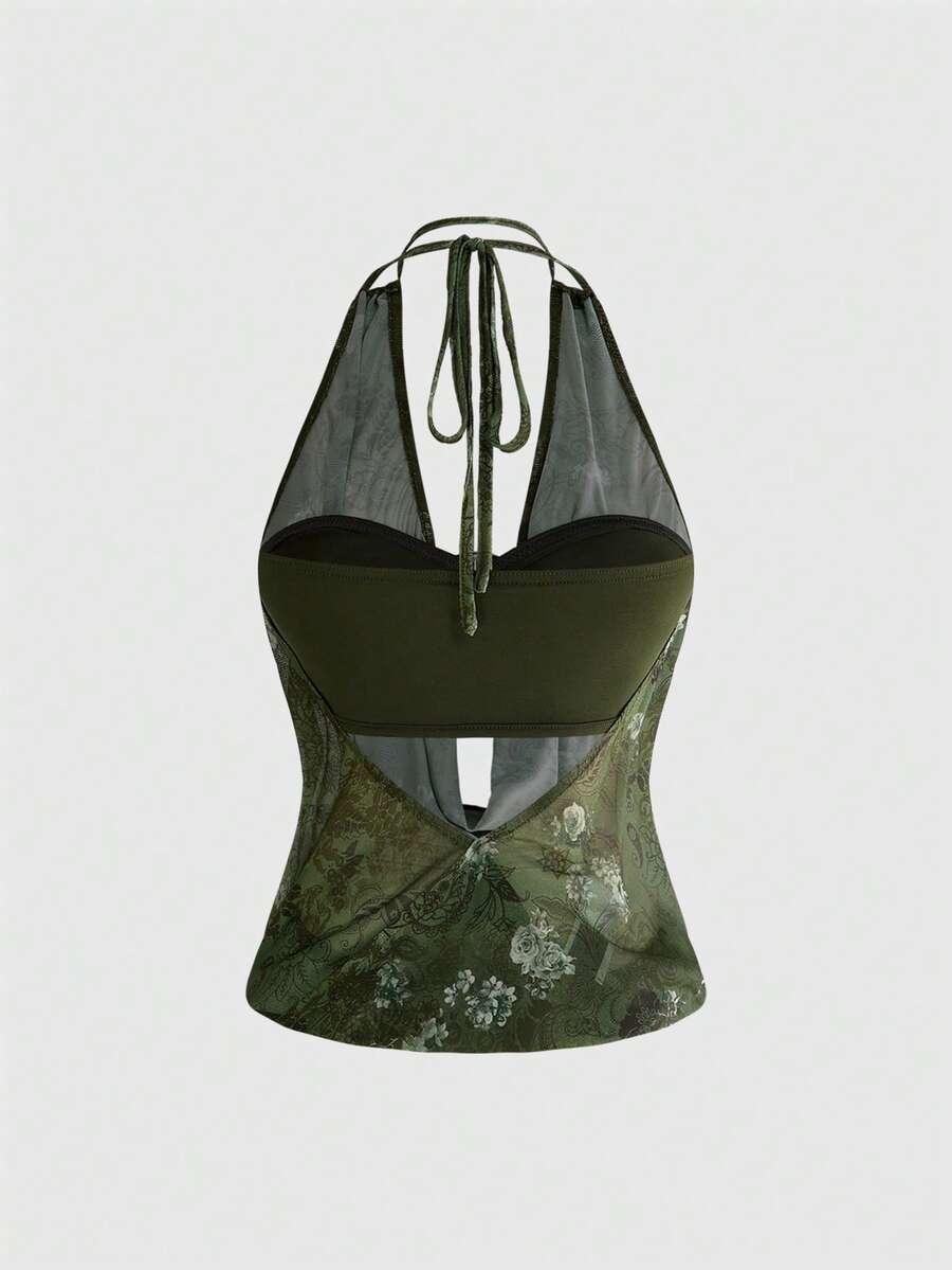 Women's Y2K retro crop tank top with draped halter neckline, cut-out detail, slim fit, and backless design