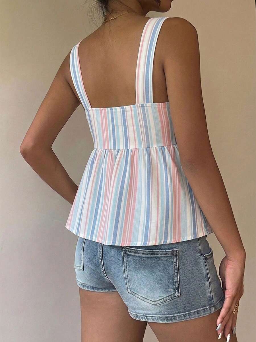 Women's striped camisole tank top with strap neckline, backless knot detail, cold shoulder styling, slim fit, and flared hem for casual vacation or daily wear.