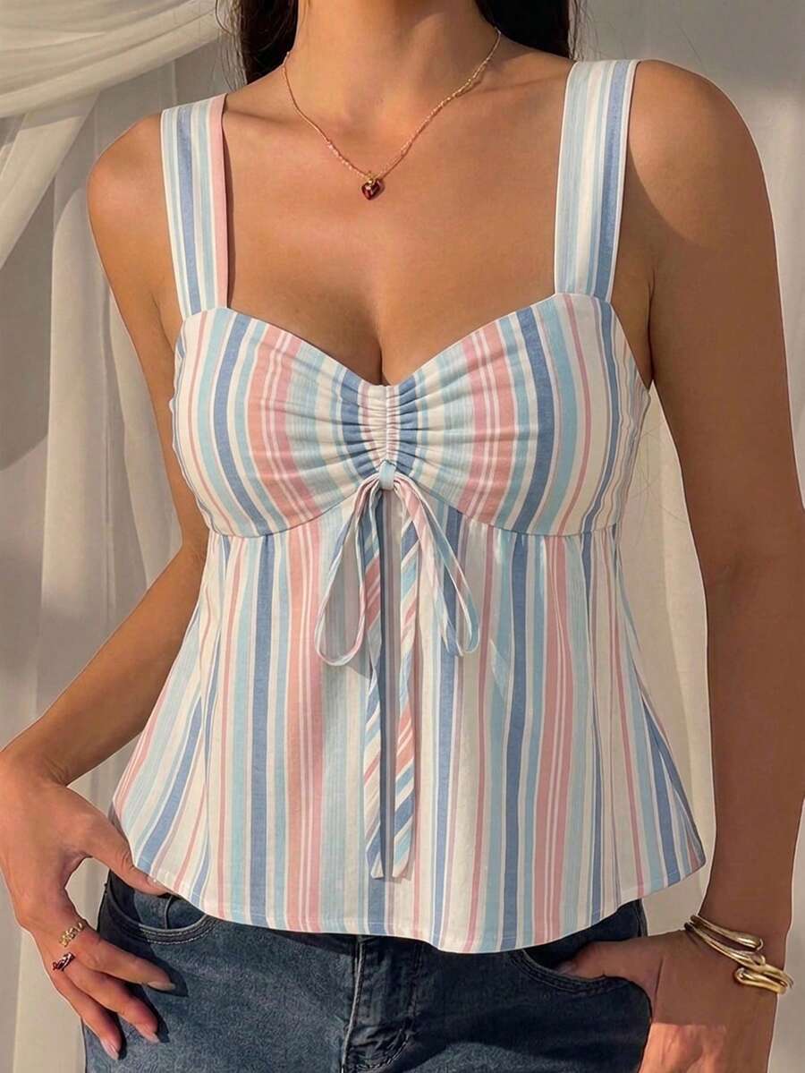 Women's striped camisole tank top with strap neckline, backless knot detail, cold shoulder styling, slim fit, and flared hem for casual vacation or daily wear.