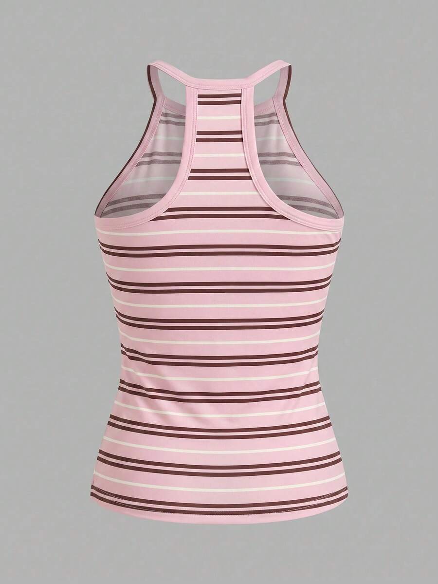 Multicolor women's graphic print halter tank top featuring a round neck, contrast binding, and backless design.