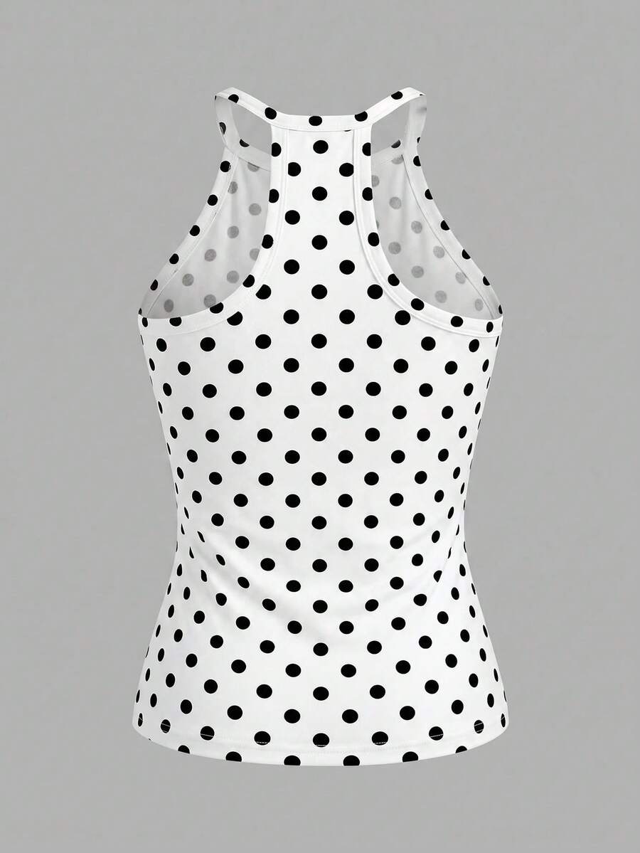 Multicolor women's graphic print halter tank top featuring a round neck, contrast binding, and backless design.