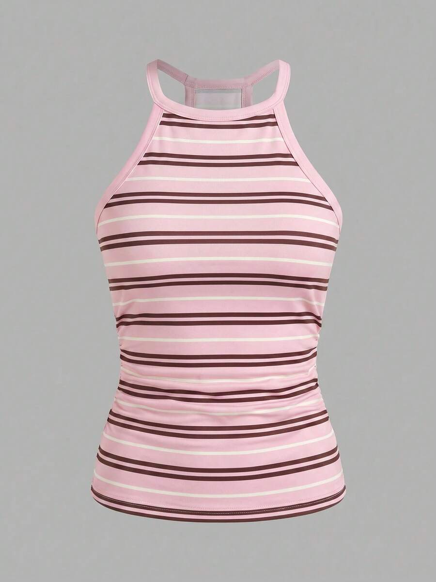 Multicolor women's graphic print halter tank top featuring a round neck, contrast binding, and backless design.
