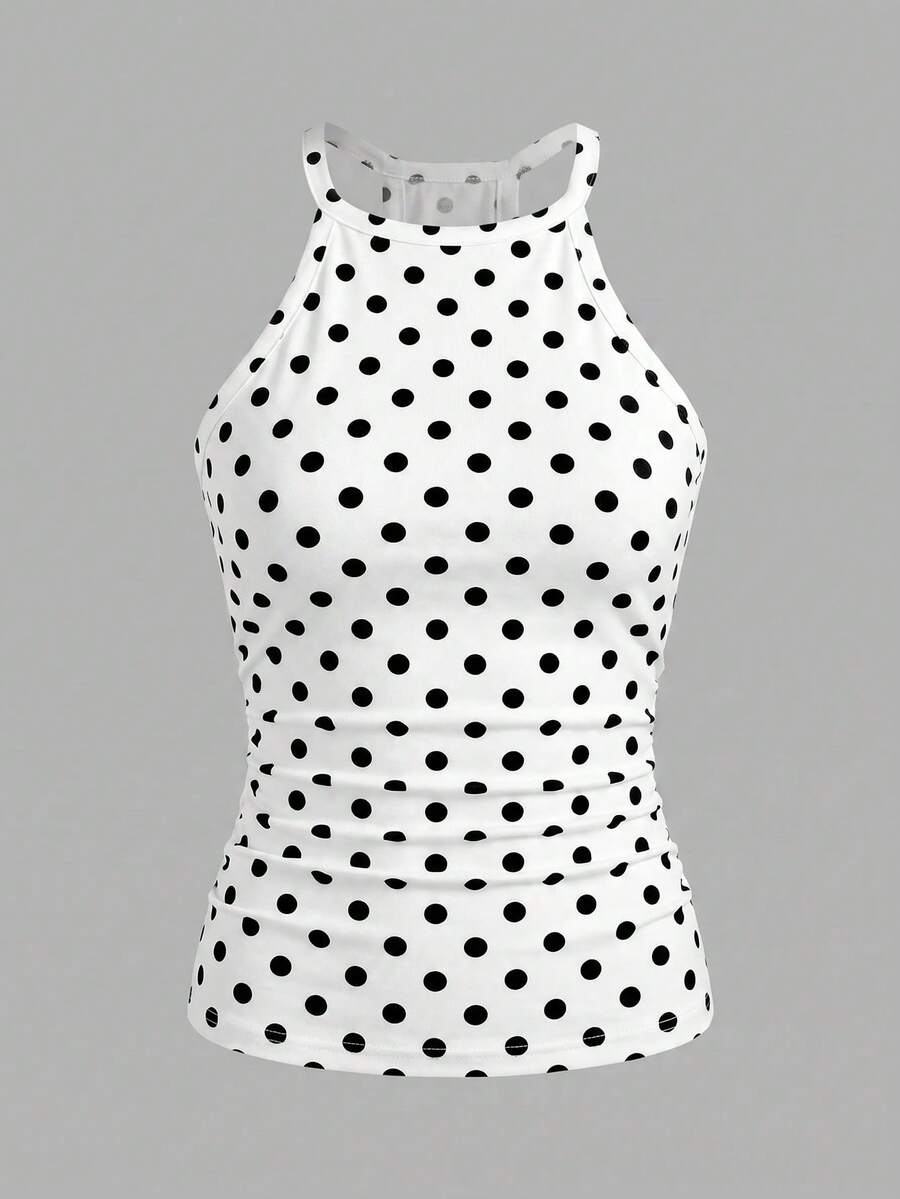 Multicolor women's graphic print halter tank top featuring a round neck, contrast binding, and backless design.