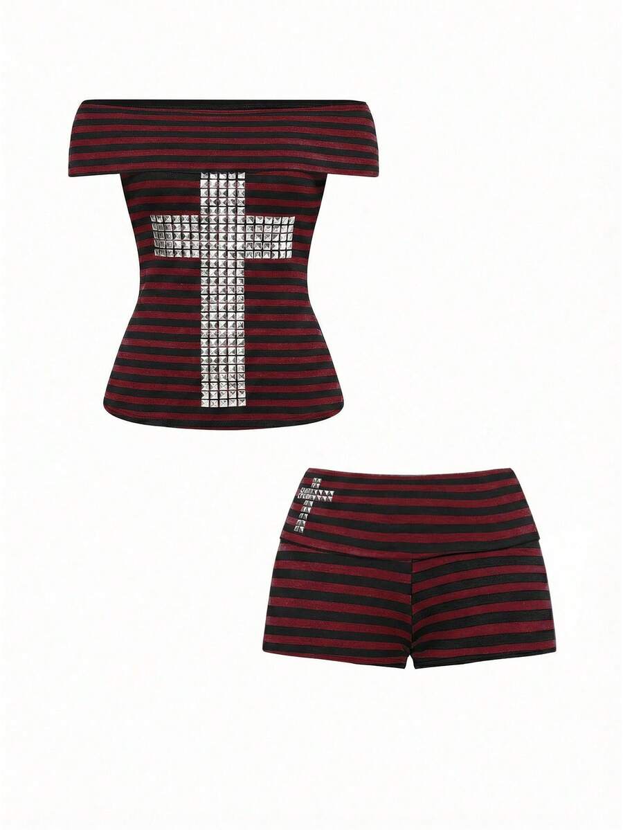 Women's 2-piece outfit with an off-the-shoulder short sleeve tee and track shorts, featuring a geometric striped pattern and slim-fit high-stretch knitted fabric.