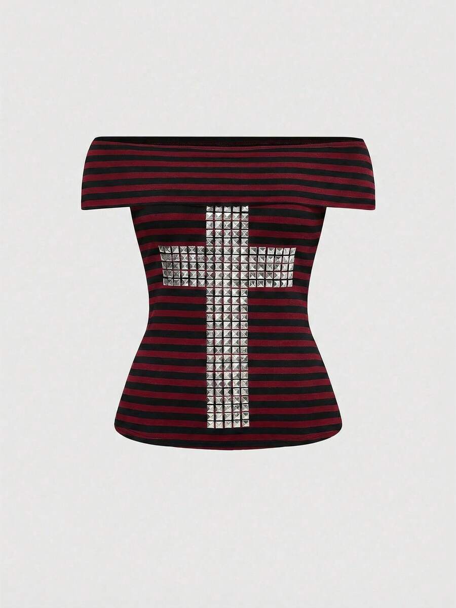 Women's 2-piece outfit with an off-the-shoulder short sleeve tee and track shorts, featuring a geometric striped pattern and slim-fit high-stretch knitted fabric.